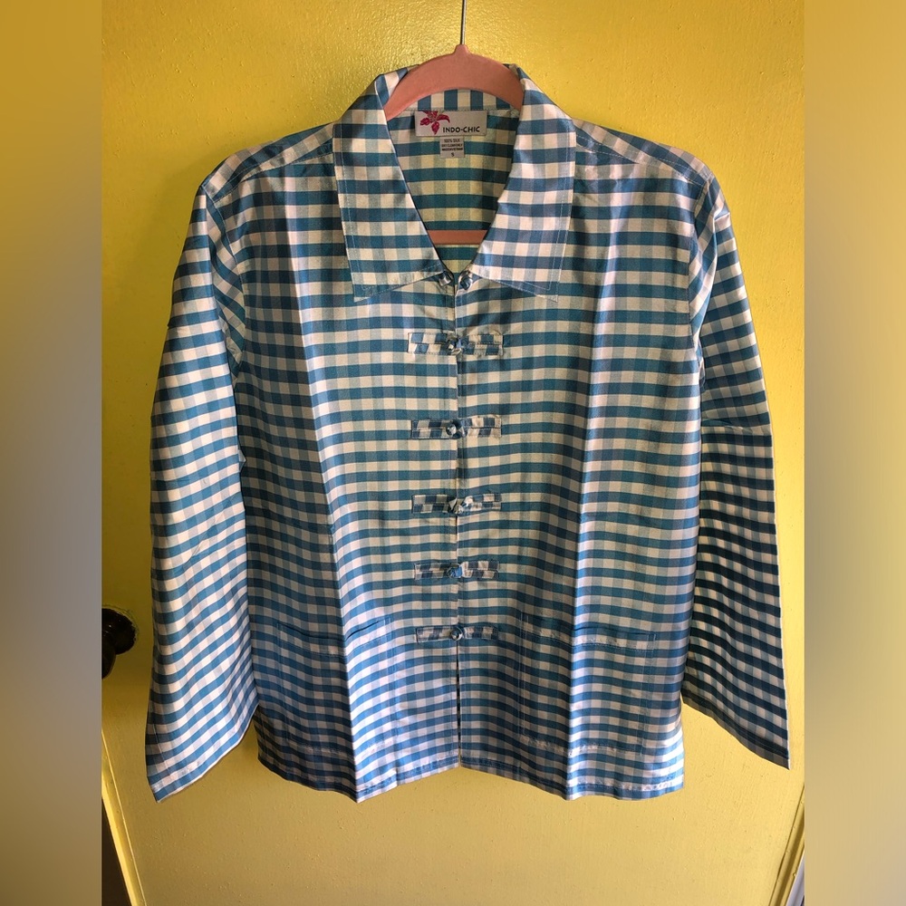 Silk blue/white gingham top
